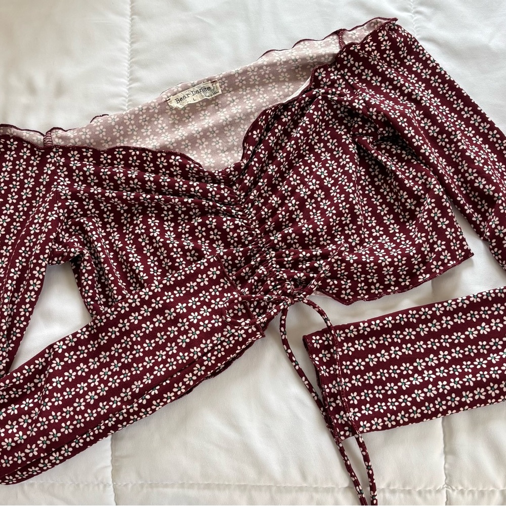 Bear Dance Burgundy Floral Off-Shoulder Crop Top